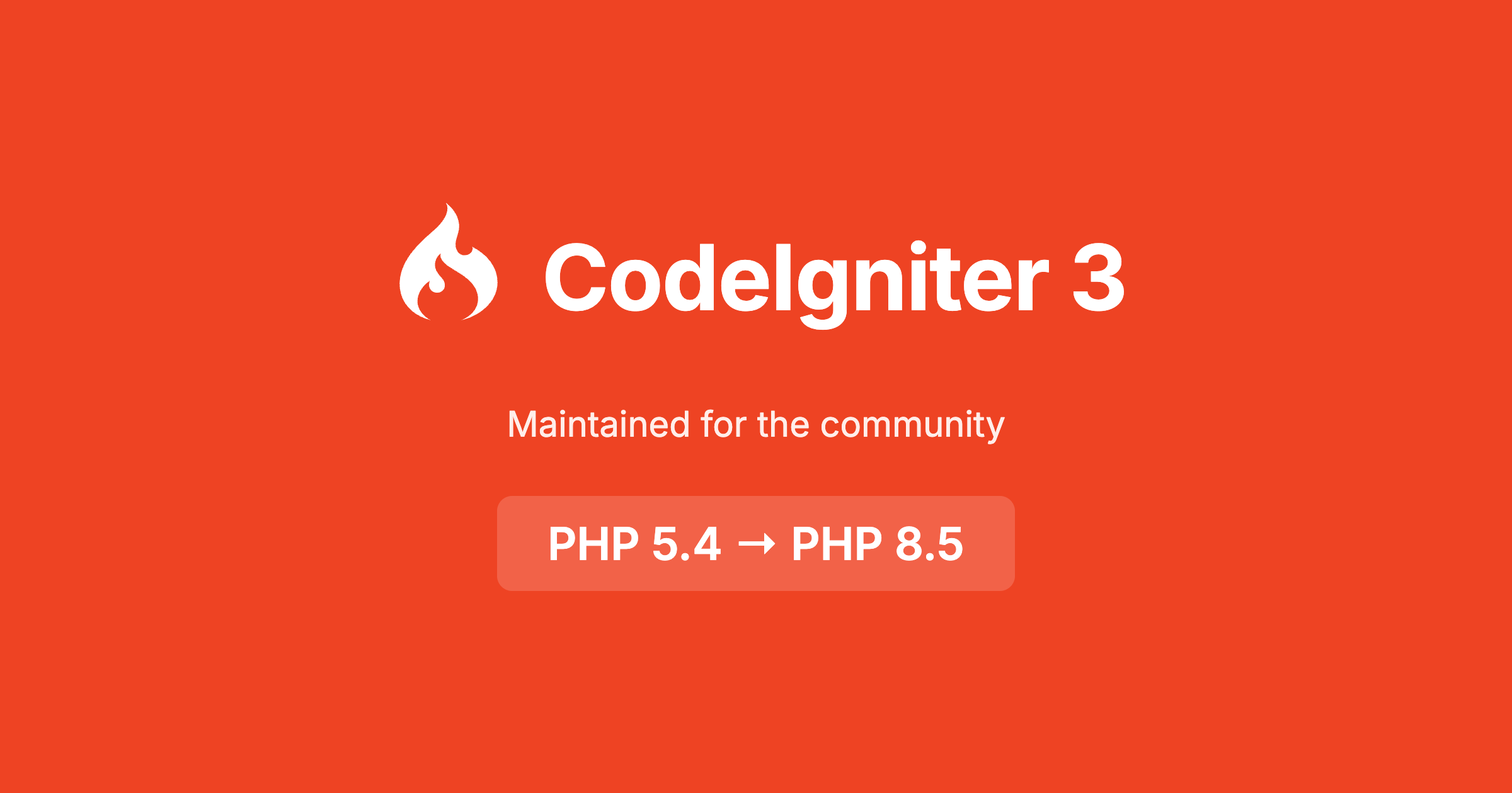 CodeIgniter 3 logo with text showing PHP 5.4 to PHP 8.5 support
