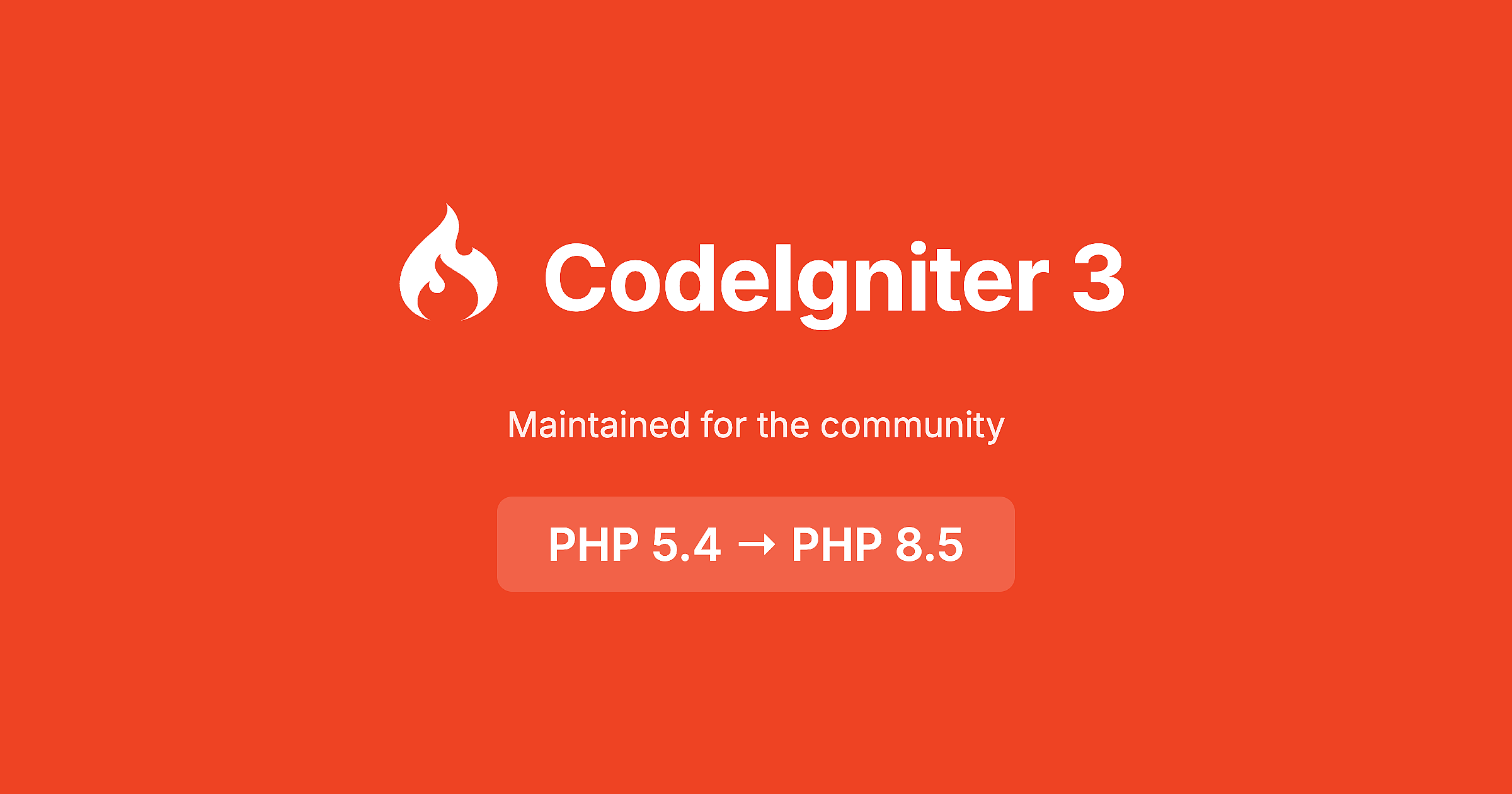 CodeIgniter 3 logo with text showing PHP 5.4 to PHP 8.5 support