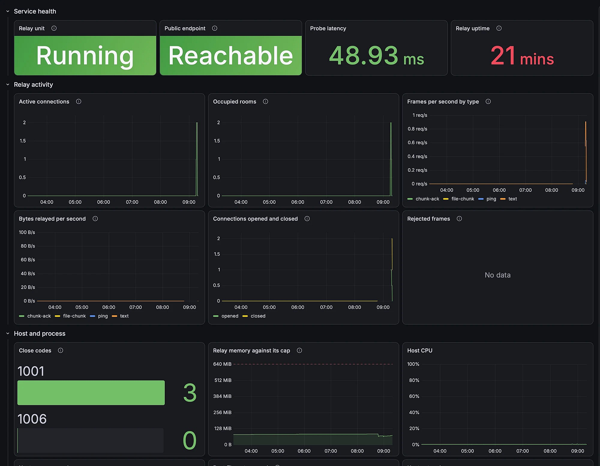 A Grafana dashboard showing service health, connection counts, throughput, close codes, memory and host CPU for a relay service.