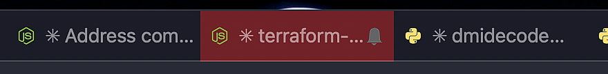 An iTerm2 tab bar with one tab highlighted in dark red.